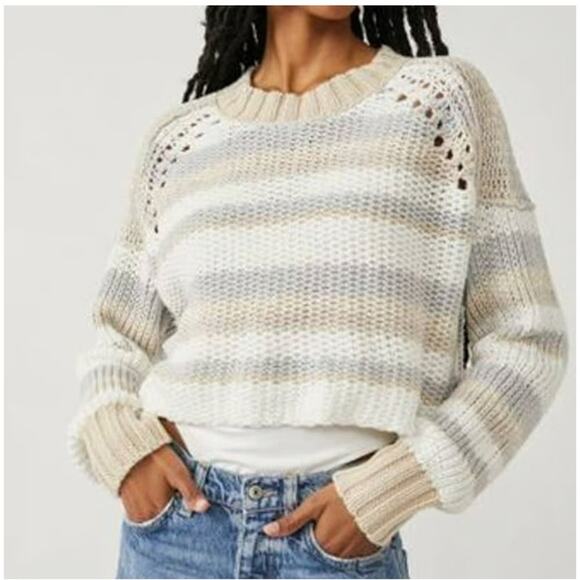 Free People Anthropologie Devon Cropped Sweater Gravity Combo Stripe Size XL - Picture 1 of 8